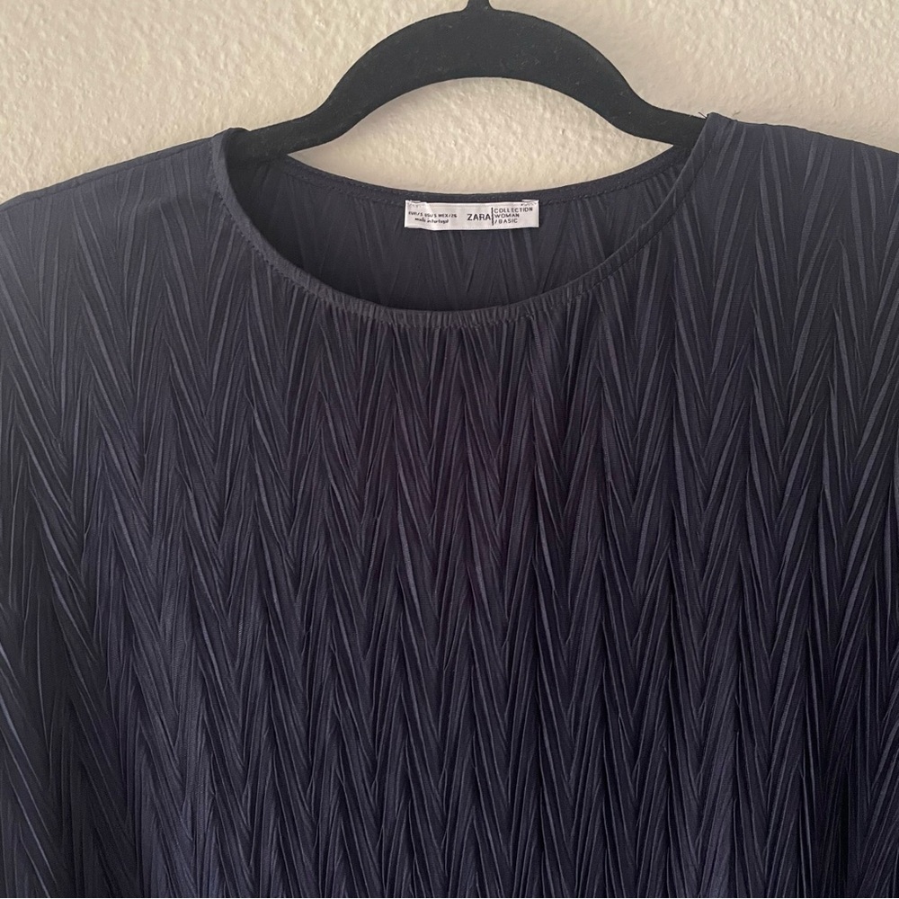 Zara Basic Textured Blouse Top Womens S Navy Blue Long Sleeve Abstract Warm Cozy - Picture 10 of 13